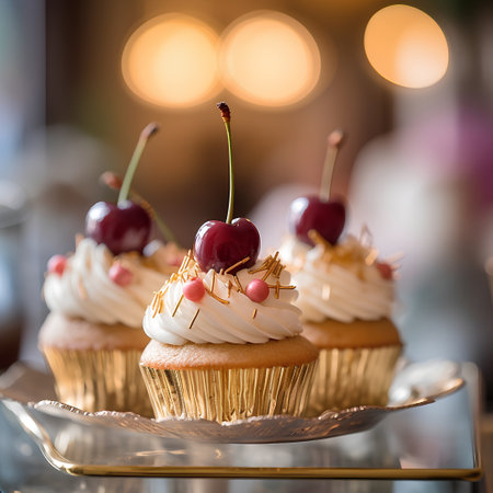 Cupcakes with cherries on a silver stand in a cafeの素材