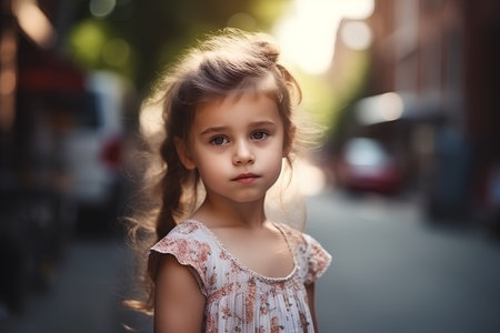 Portrait of a cute little girl on the streets of the cityの素材