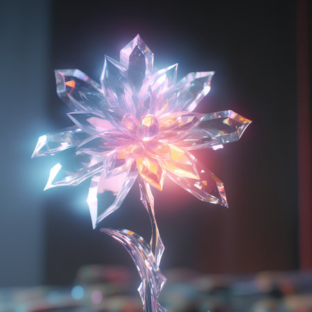 Beautiful crystal flower on blurred background, 3d rendering. Computer digital drawing.の素材