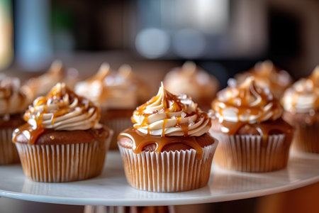 Delicious cupcakes with caramel and cream on top. Selective focus.の素材