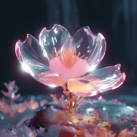 3d illustration of a crystal flower on a dark background with water dropsの素材