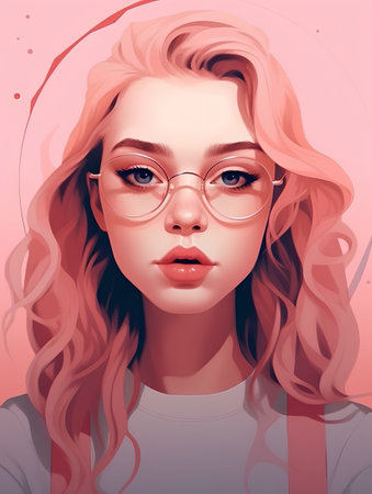 Portrait of a beautiful girl with pink hair and glasses. Vector illustration.の素材