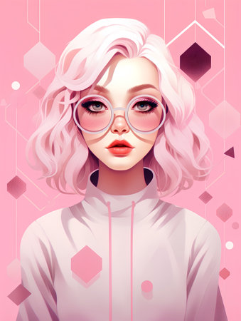 Fashion portrait of beautiful young woman with pink hair in glasses. Vector illustration.の素材