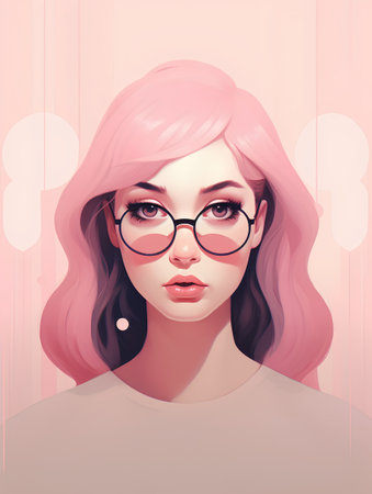 Portrait of a beautiful girl with pink hair and glasses. Vector illustration.の素材