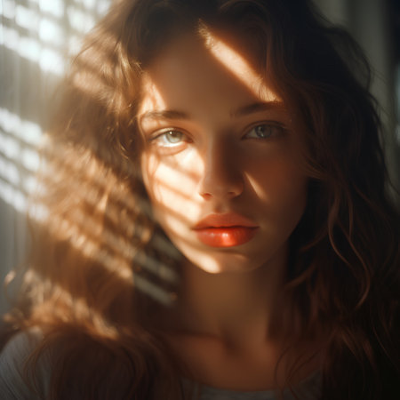 Portrait of a beautiful young woman in sunlight through the blindsの素材