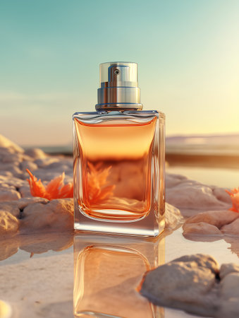 Perfume bottle on the beach at sunset. 3d renderingの素材