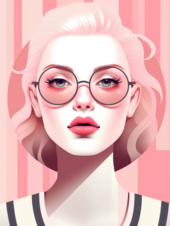 Portrait of beautiful young woman with pink hair and glasses. Vector illustration.の素材