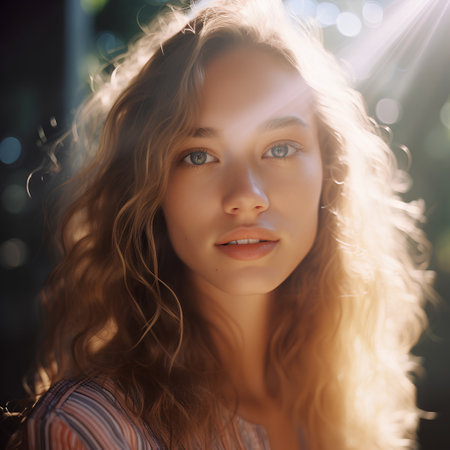 Portrait of a beautiful young woman with long curly hair and blue eyesの素材