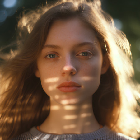 Portrait of a beautiful young girl with freckles and green eyesの素材