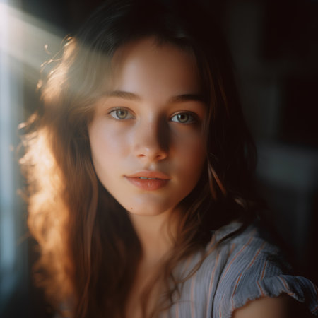Portrait of a beautiful girl with long hair in a light room.の素材