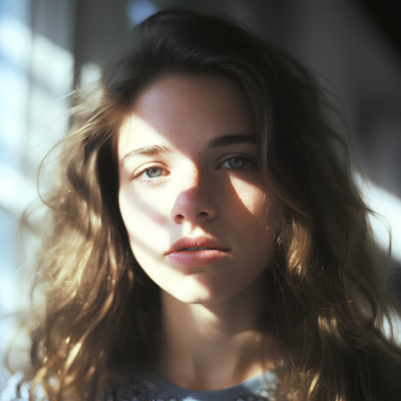 Portrait of a beautiful girl with long wavy hair and blue eyesの素材