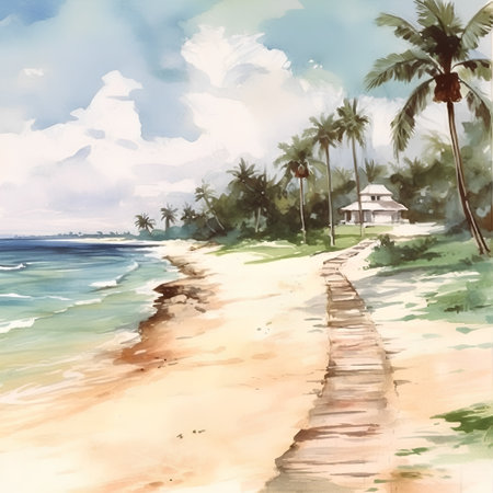 Watercolor painting of tropical beach with palm trees and wooden path.の素材
