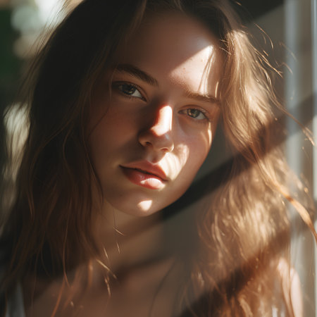 Portrait of a beautiful girl with long hair in the sunlight.の素材