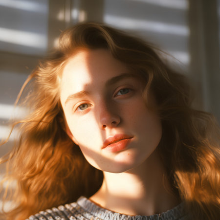 Portrait of beautiful redhead girl with freckles on faceの素材