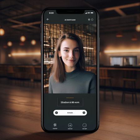 Digital composite of Woman with social media app on phone screen in cafeの素材