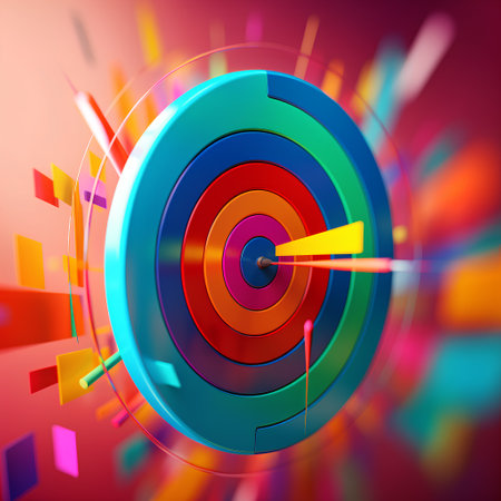3d rendering of a target with arrows in the center over colorful backgroundの素材