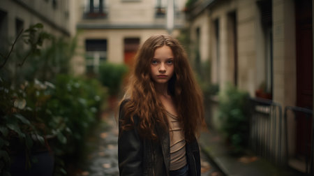 Portrait of a beautiful girl with long hair on the street.の素材