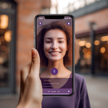 technology, communication and people concept - close up of smiling african american young woman with smartphone over city street backgroundの素材