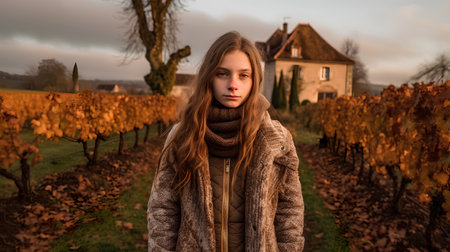 Beautiful young woman in autumn vineyard, wearing warm clothing.の素材