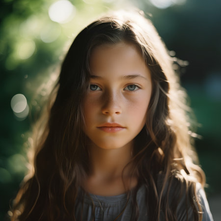 Portrait of a beautiful young girl with long hair in the parkの素材