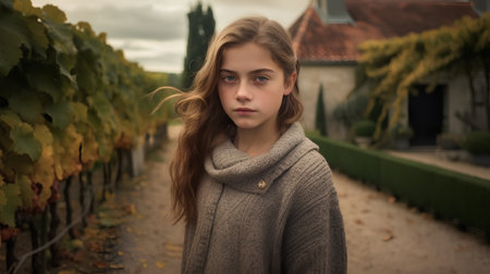 Portrait of a beautiful young girl in the vineyard in autumnの素材