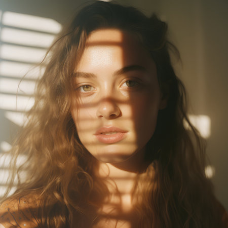 Portrait of a beautiful young woman with sunbeams through the windowの素材