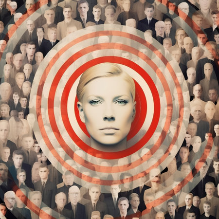 Fashion portrait of beautiful blond woman with red circle on her headの素材