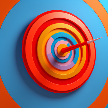 Red target with dart on blue background. 3d render illustration.の素材