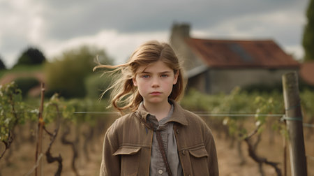 Little girl with long blond hair in a brown jacket in the vineyardの素材