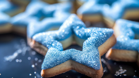 Christmas cookies in the form of stars on a dark blue background.の素材
