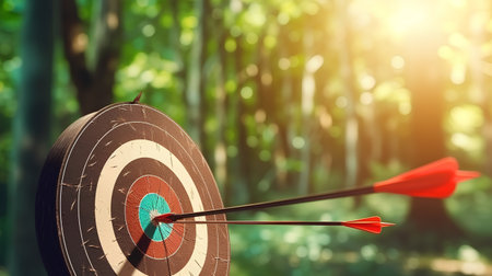 Arrows hitting the center of dartboard target on blurred nature backgroundの素材