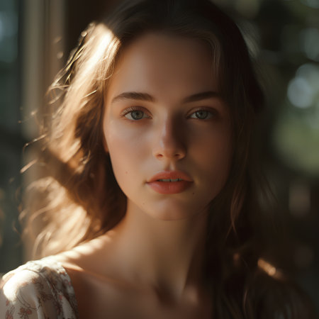 Portrait of a beautiful young woman with long curly hair in the sunlightの素材