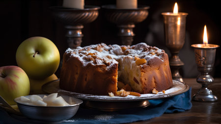 Cake with apples and cinnamon on a dark background. Selective focus.の素材