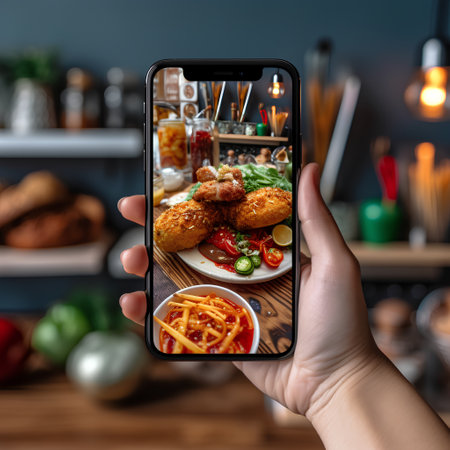 Taking photo on smart phone concept. Hand holding smartphone with food photography.の素材