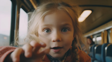 Little girl on the train looking at the camera. Shallow depth of field.の素材