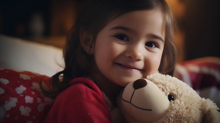 Portrait of a cute little girl with teddy bear at homeの素材