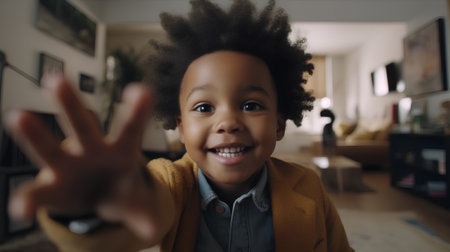 African american little boy with afro hairstyle and hand gestureの素材