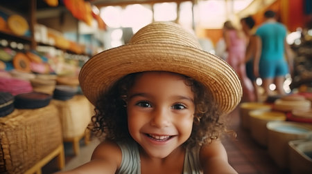 Portrait of a cute little girl in a straw hat at the marketの素材