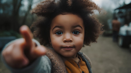 Close up portrait of cute african american little girl with curly hair looking at camera and pointing with fingerの素材