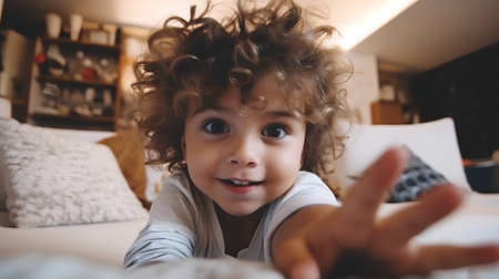 Portrait of a little boy with curly hair lying on the bedの素材