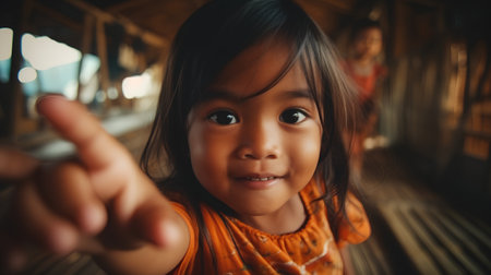 Portrait of asian little girl pointing finger at the camera.の素材