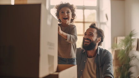 Happy father and son playing together at home. They are looking at each other and smilingの素材
