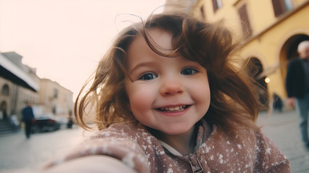 Portrait of a little girl taking a selfie on the street.の素材