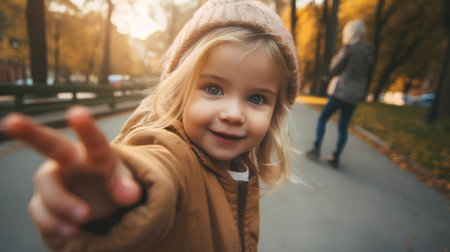 Portrait of a cute little girl showing victory gesture in autumn parkの素材