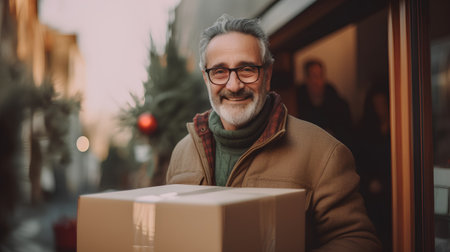 Portrait of senior man in eyeglasses holding a gift box and looking at camera while standing outdoorsの素材