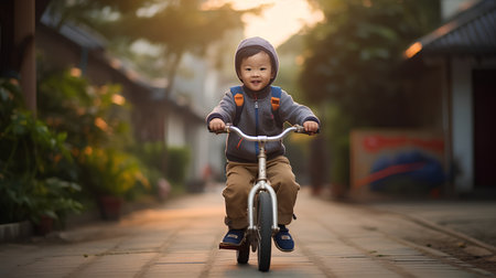 Happy asian boy riding a bike on the street at sunset.の素材