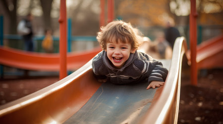 Cute little boy having fun on the playground. Happy child playing on a slide in the park.の素材