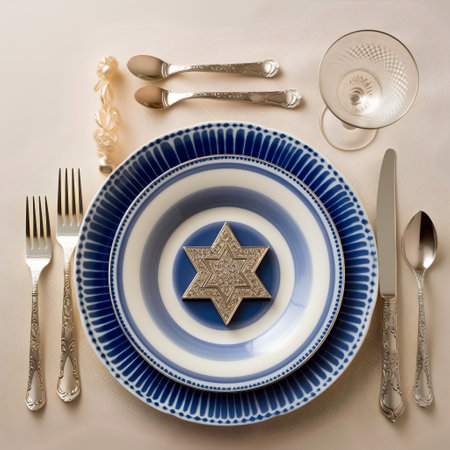 Festive table setting with blue and white plates, silver cutlery and star of Davidの素材