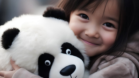 Little asian girl holding panda bear in her hand, soft focusの素材