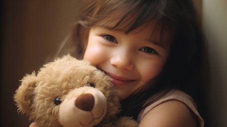 Portrait of a cute little girl with teddy bear at homeの素材